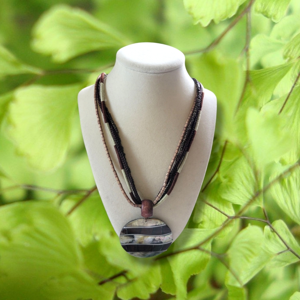 Boho Tribalesque Multicolor Beaded MOP Inlay Medallion Statement Necklace